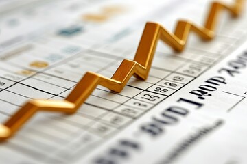 Golden line graph indicating growth trends on financial report with data table. Generative AI