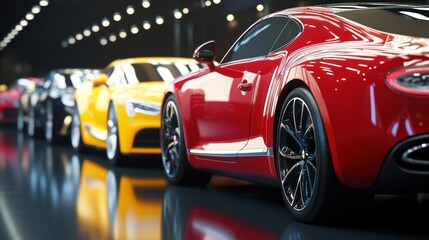 A row of luxury sports cars in a sleek, modern showroom setting.