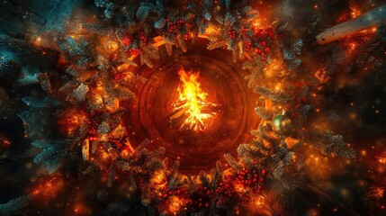 Obraz premium An aerial view of a vibrant campfire surrounded by glowing embers, creating a mesmerizing circular light pattern in the night.