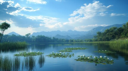 A serene landscape featuring a calm lake, mountains, and lush greenery under a blue sky.