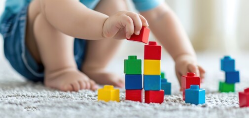 A toddler stacking colorful building blocks on a soft rug, enhancing creativity and fine motor skills. Ideal for educational themes.