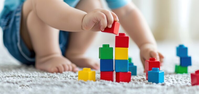 A toddler stacking colorful building blocks on a soft rug, enhancing creativity and fine motor skills. Ideal for educational themes.