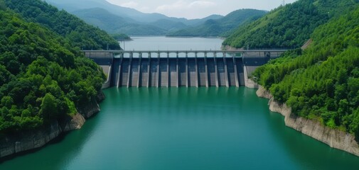 Fototapeta premium A stunning aerial view of a dam surrounded by lush mountains and tranquil water, showcasing nature's beauty and engineering marvel.