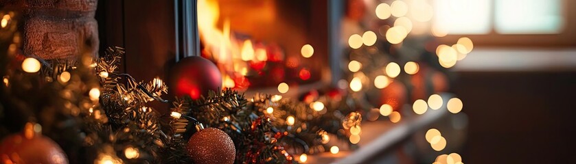 A cozy Christmas scene featuring a beautifully decorated fireplace, twinkling lights, and festive ornaments.