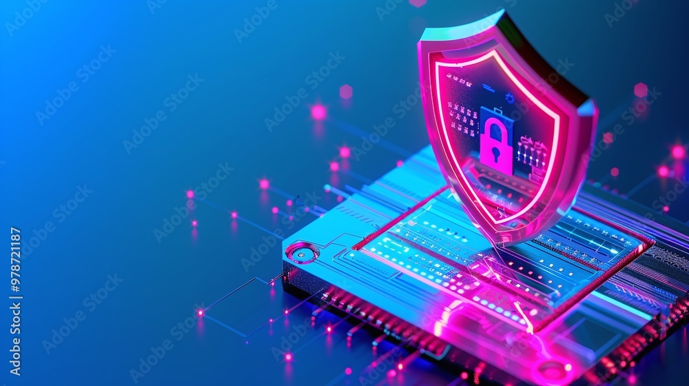 Poster dynamic representation of digital security with a shield icon and microchip, symbolizing technology 