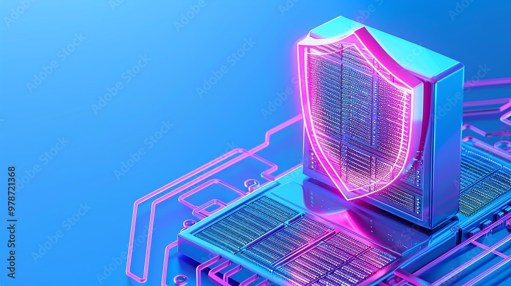 Poster futuristic computer security concept with a shield over a circuit board, symbolizing digital protect