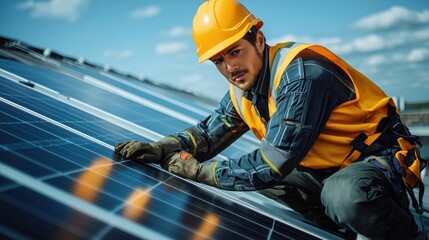 Fototapeta na wymiar Engineer working on solar panel installation. Engineer in safety gear works on installing solar panels, highlighting the process of constructing sustainable energy systems.
