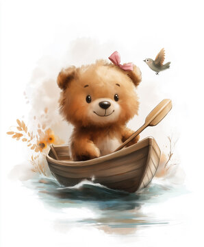 teddy bear in a boat watercolor