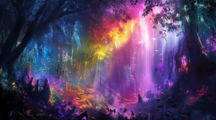 Fototapeta premium Magical creatures frolicking in a colorful enchanted forest, with beams of light illuminating the scene.