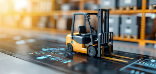 A modern forklift on a warehouse floor with digital overlays, showcasing advanced technology in logistics and storage.