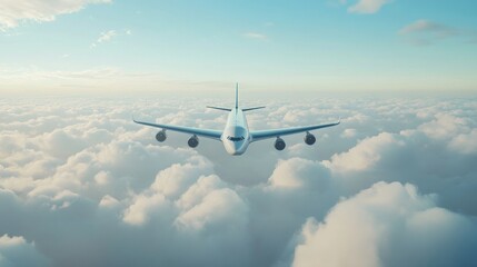 An airplane flying above fluffy clouds in a clear blue sky.