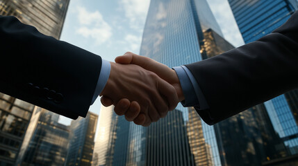 Corporate handshake between business partners in front of skyscrapers, strong collaboration in an urban setting
