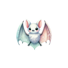 Obraz premium A cute, fluffy bat with pastel wings adorned with snowflakes, blending winter charm and Halloween sweetness.