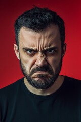 Fototapeta premium Angry and Expressive Man Located Against Red Background, exhibiting a strong of intense anger