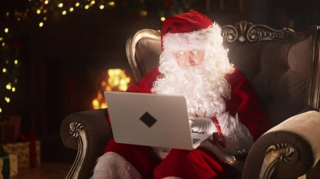 Santa Claus using modern laptop for communication and ordering gifts for kids. Old wizard with portable computer on laps sitting alone in cozy room with fireplace, preparation to Christmas festivities
