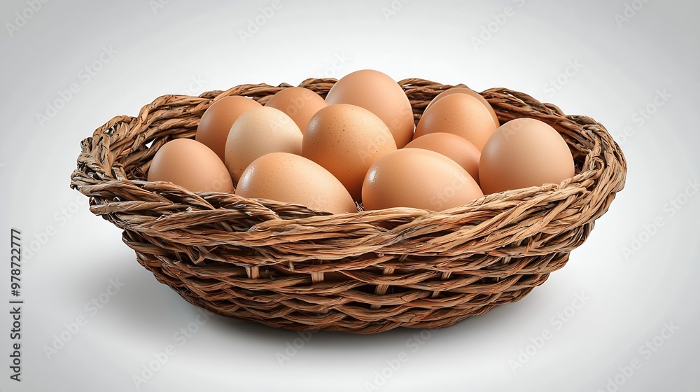 Poster natural chicken eggs in a woven straw basket isolated on a white background : generative ai