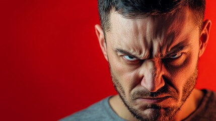 Angry and Expressive Man Located Against Red Background, exhibiting a strong of intense anger