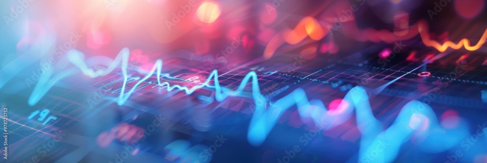 Poster Abstract digital visualization of a financial graph with glowing lines and vibrant colors, representing data trends and analysis.