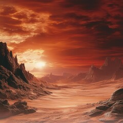 PNG illustration of a Martian desert with sharp, rocky outcrops and an ominous, cloudy red sky