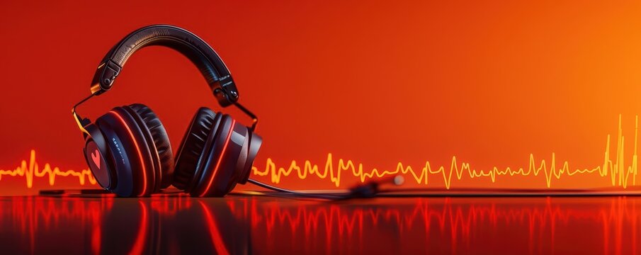 Dynamic headphones resting on a vibrant red backdrop, showcasing a stylish design with sound wave visualization.