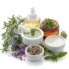 PNG image of spa containers filled with lotions and herbs on a clean white background