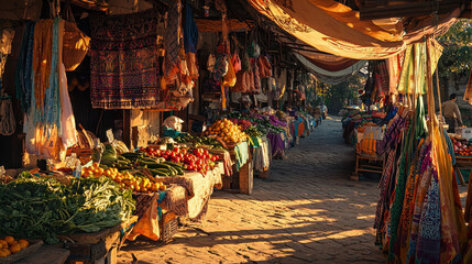 Naklejka premium Vibrant local market scene with colorful fruits and vegetables displayed in baskets along a cobblestone pathway during golden hour