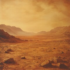 Naklejka premium PNG of a barren Martian landscape with rugged red rocks and distant mountains under a dusty, orange sky