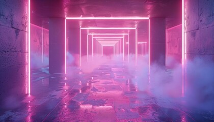 Fototapeta premium A futuristic corridor illuminated with vibrant neon lights and enveloped in a misty atmosphere, creating a surreal visual experience.