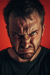 Fototapeta premium Man displays a fierce and intense expression of anger on red backdrop