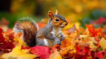 A vibrant squirrel sits amidst autumn's colorful foliage, capturing the essence of the season.