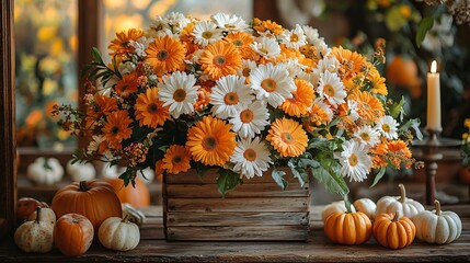 A vibrant autumn-themed floral arrangement with pumpkins and warmth, ideal for Thanksgiving and Halloween gatherings, with ample copy space for text.