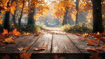 Warm wooden tabletop with autumn leaves, ideal for Thanksgiving and Halloween displays, featuring ample copy space for seasonal promotions.