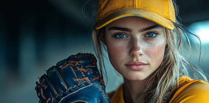 A focused young female softball player in bright yellow jersey, perfect for promoting sports events, Halloween team spirit, or Thanksgiving gatherings. Ample copy space. - Powered by Adobe