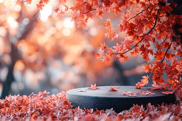Autumn-themed display podium surrounded by vibrant maple leaves, perfect for Thanksgiving and Halloween product showcases or fall event promotions, with copy space.