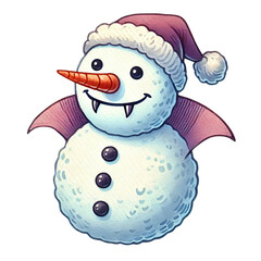 A playful snowman with vampire fangs, heart-shaped buttons, and a cozy scarf, combining Halloween and winter fun.