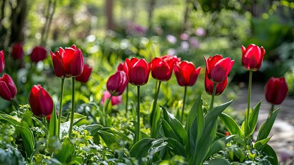 Fototapeta premium Red tulip flowers in a lush garden, with vibrant green leaves creating a stunning backdrop