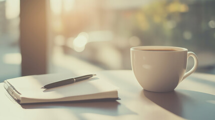 Cozy workspace with a notebook and coffee cup, warm sunlight creating a relaxed atmosphere