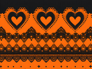 Ornate Heart and Lace Pattern on Halloween-themed orange and Black Background
