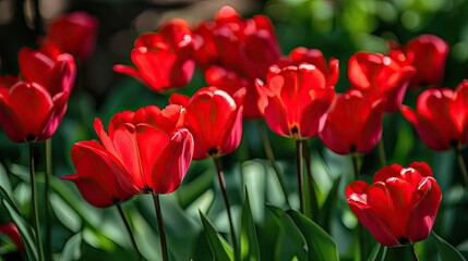 Fototapeta premium Red tulips in full bloom, with a vibrant background of green leaves creating a beautiful and bright floral scene