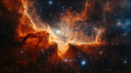 Fototapeta premium Red-orange nebula glowing in space, with swirling gas clouds and clusters of stars creating an ethereal cosmic backdrop