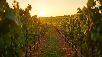 Fototapeta premium Expansive vineyard rows with lush grapevines basking in the warm glow of sunset over a tranquil countryside landscape