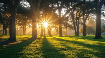 Obraz premium The bright sun is shining beautifully through the trees in a serene park