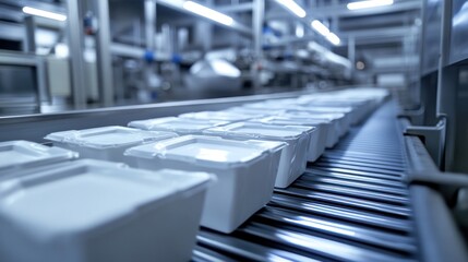 Fototapeta premium A conveyor belt with white containers in an industrial setting.
