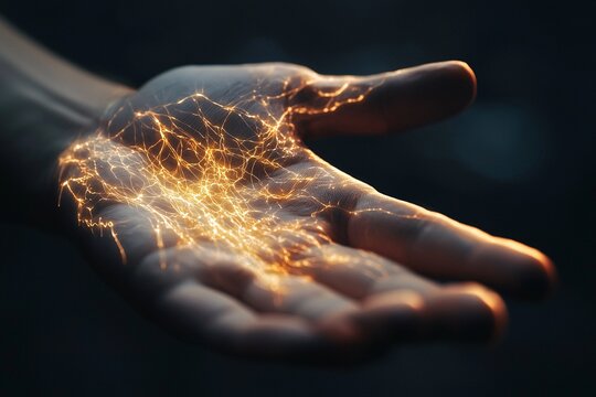 A close-up of a hand illustrates tingling sensations with luminous lines, representing vibrant neural activity.