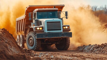 A powerful dump truck drives through a dusty construction site, showcasing its rugged design and heavy-duty capabilities.