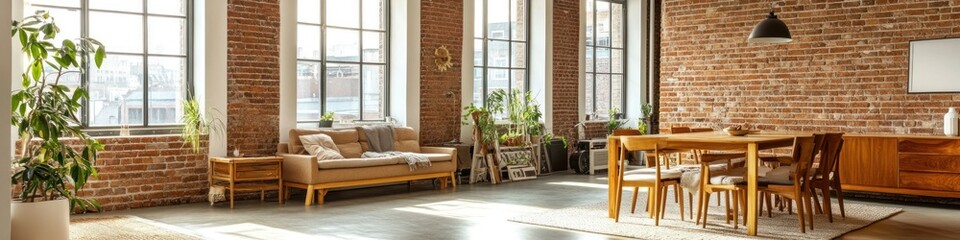 Contemporary living room featuring a wooden dining set, exposed brick, and plenty of natural light. Banner.