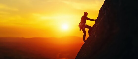 A climber ascends a rocky peak during a stunning sunset, showcasing adventure, nature, and perseverance in the great outdoors.