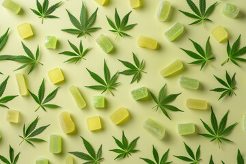 Pattern of Assorted green CBD gummies and jellies with cannabis leaves on light green background. Wellness and edibles concept