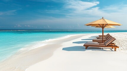 Obraz premium Sunbeds with umbrellas on the white sandy beaches of a luxury resort in the Maldives.