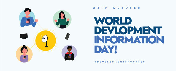 Fototapeta premium World Development Information Day 24th October social media cover banner. Development information conceptual cover banner with a antenna connecting different people. 
